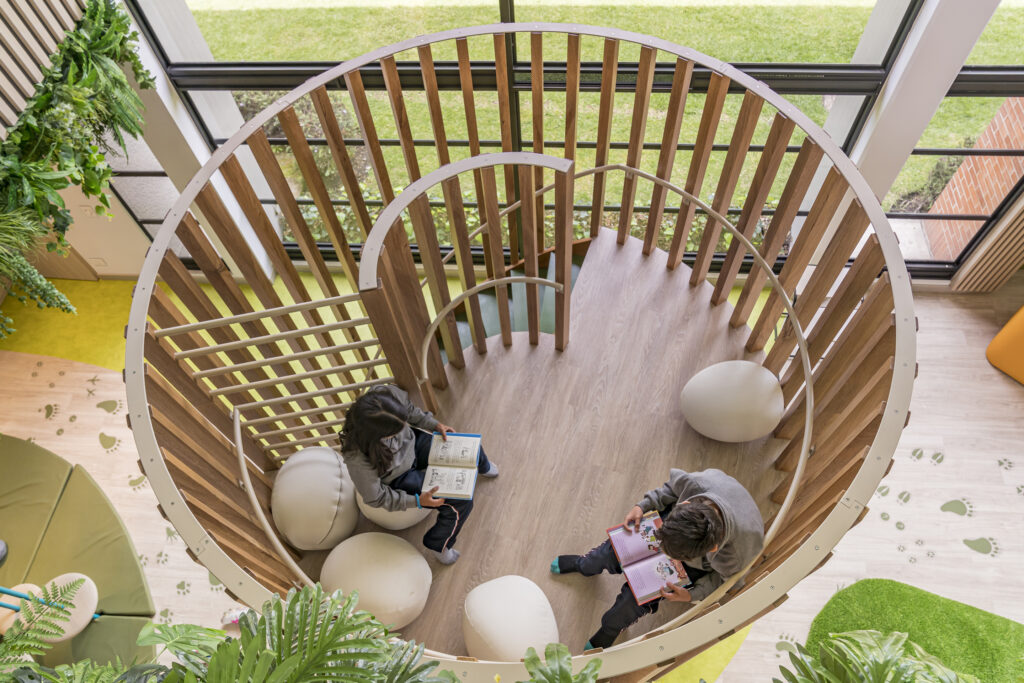 Elevated nest learnscape at CREA Library, Newman School, Colombia