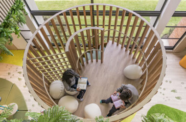 Elevated nest learnscape at CREA Library, Newman School, Colombia