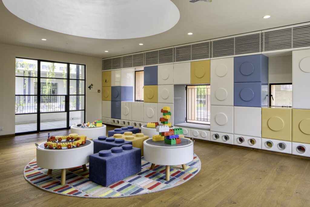 Pastel Hues used in seatings and elements of Toy Blocks Playschool, Ahmedabad