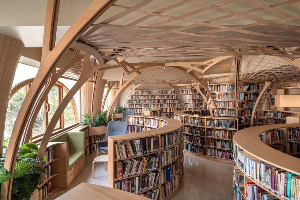 Window reading bays and hedge formations at Forest of Knowledge Library, Mumbai designed by Studio Hinge