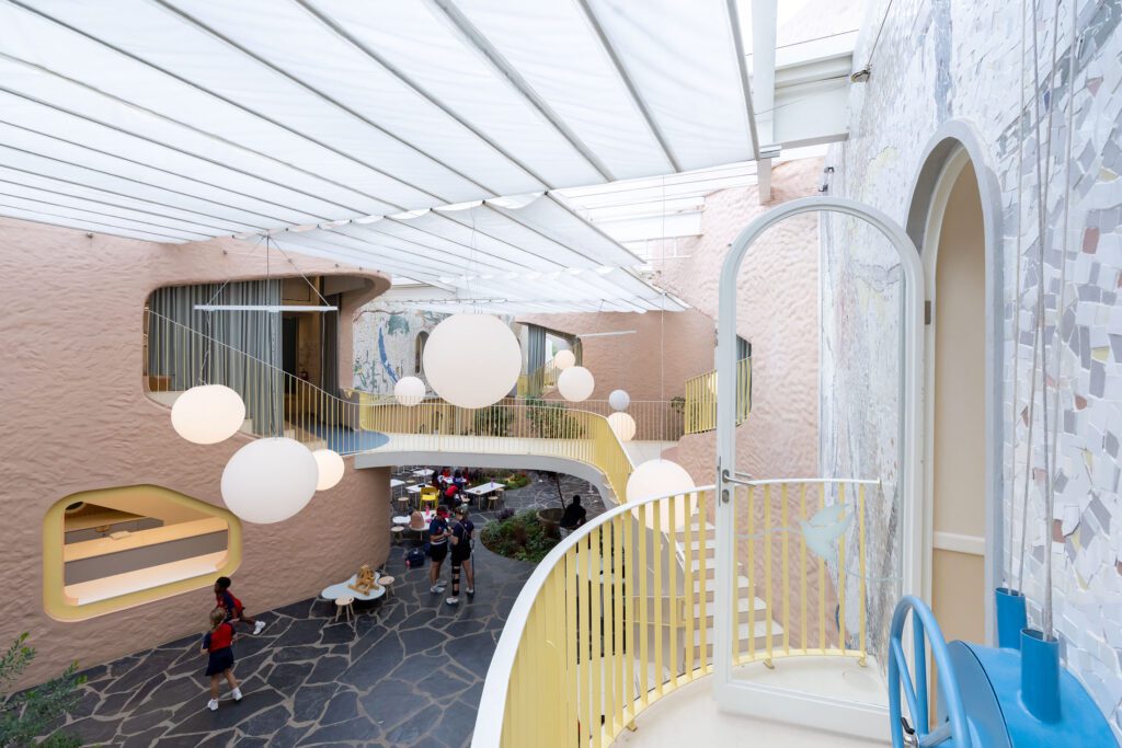 The Piazza at Redhill ELC with awnings and kitchen as well open space below