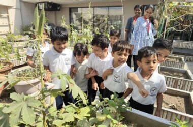 Vedanya School students take care of rooftop farm at their school.