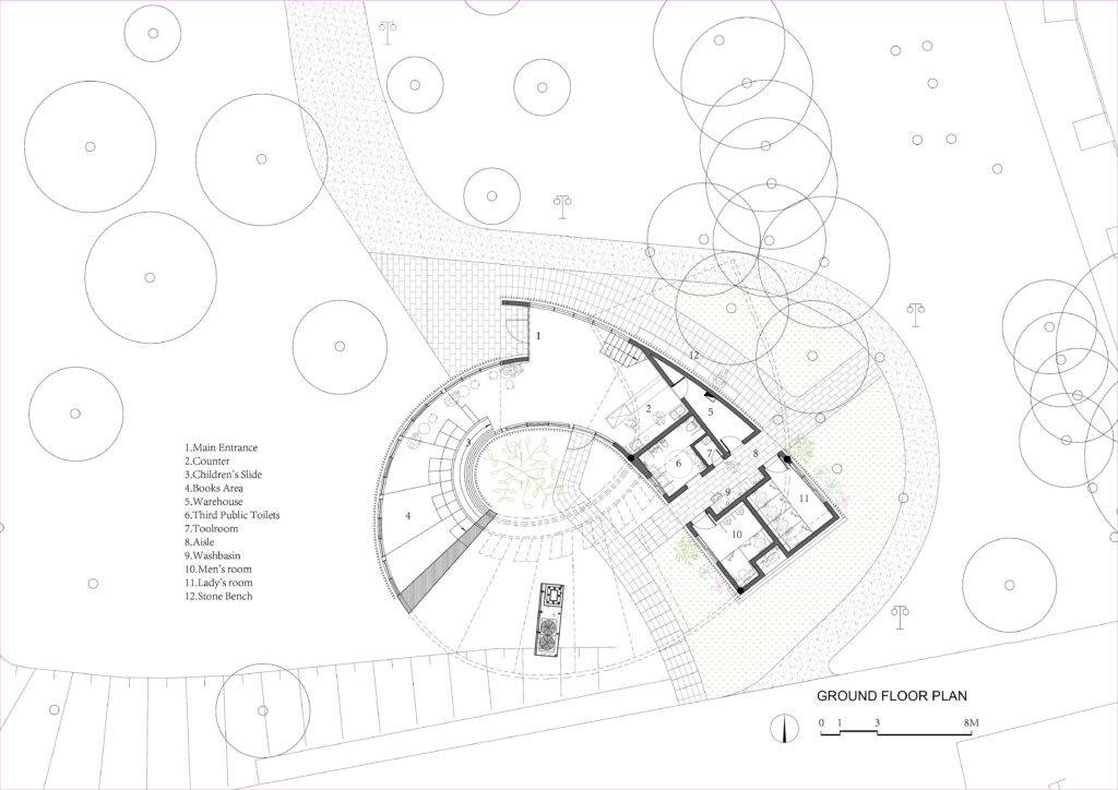 Ground floor architectural plan of the Serpentine Bookhouse featuring the main entrance, children's slide, books area, and 24/7 public restrooms
