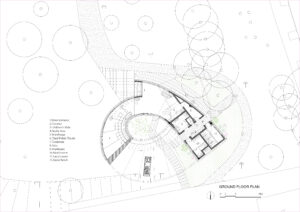 Ground floor architectural plan of the Serpentine Bookhouse featuring the main entrance, children's slide, books area, and 24/7 public restrooms