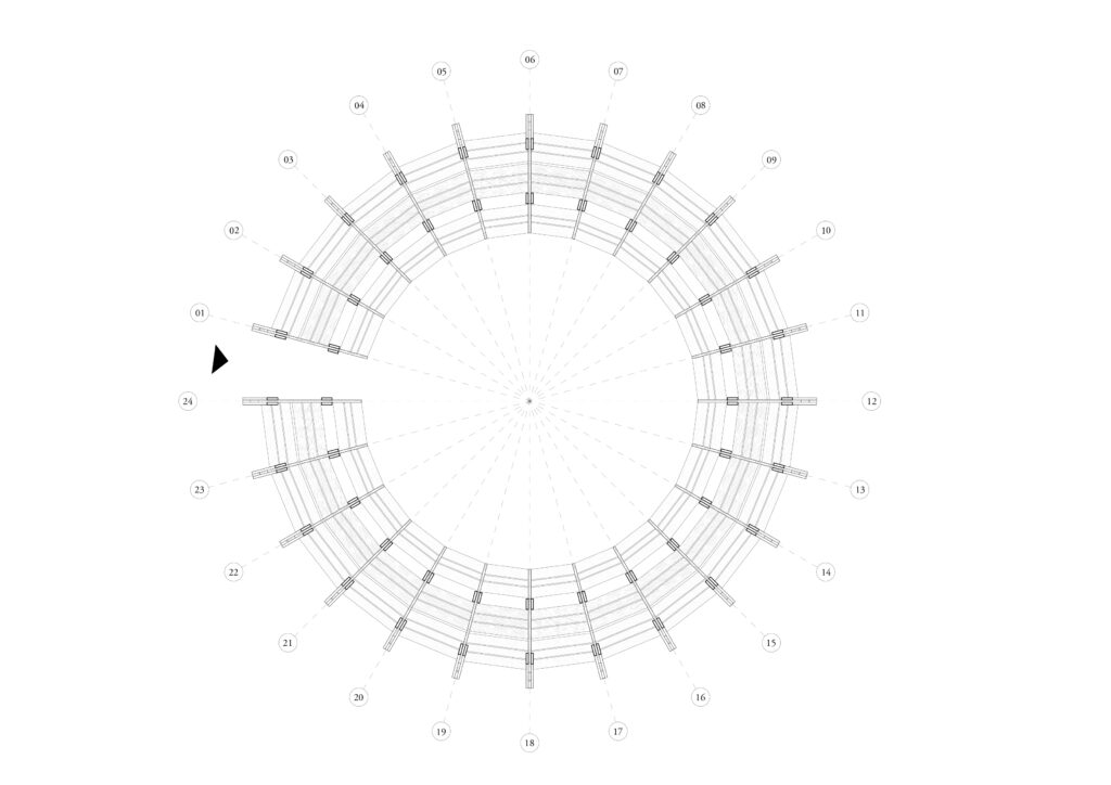 An architectural plan view showing the circular arrangement of 24 numbered modular seating units that form the democratic classroom