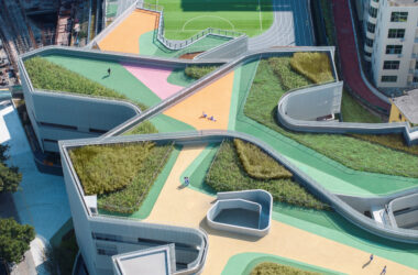 Close-up of the terraced roof gardens with vibrant walking paths, returning nature to the campus through lush plantings