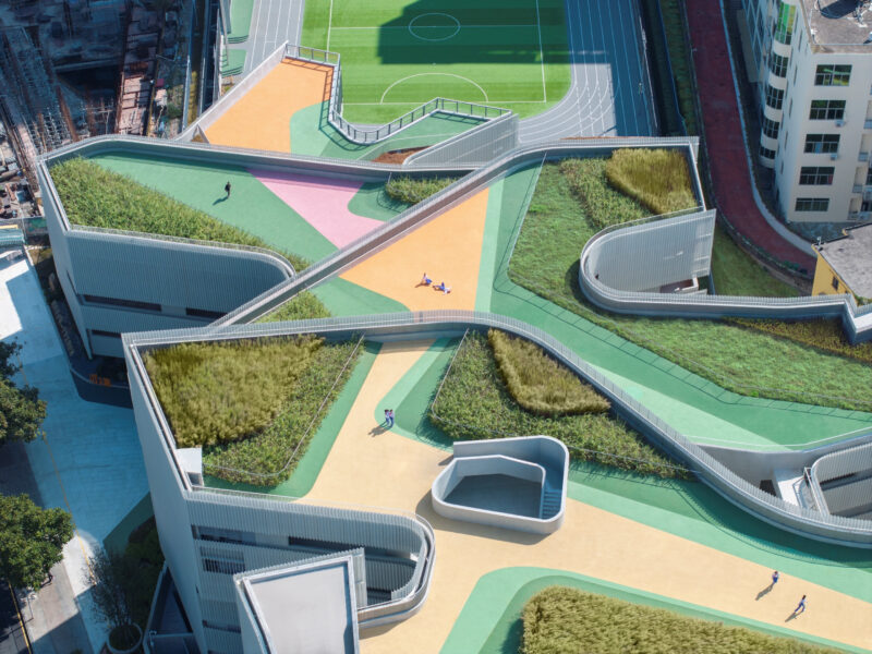Close-up of the terraced roof gardens with vibrant walking paths, returning nature to the campus through lush plantings