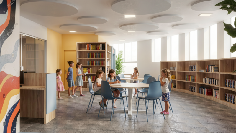 Children sitting at round tables in a bright school library, highlighting large windows for natural lighting and circular sound-absorbing ceiling panels designed to improve acoustic comfort