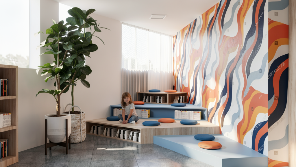  A child sitting in a tiered reading corner with wooden platforms and colourful cushions, set against a wall with wavy organic patterns and a large indoor potted plant