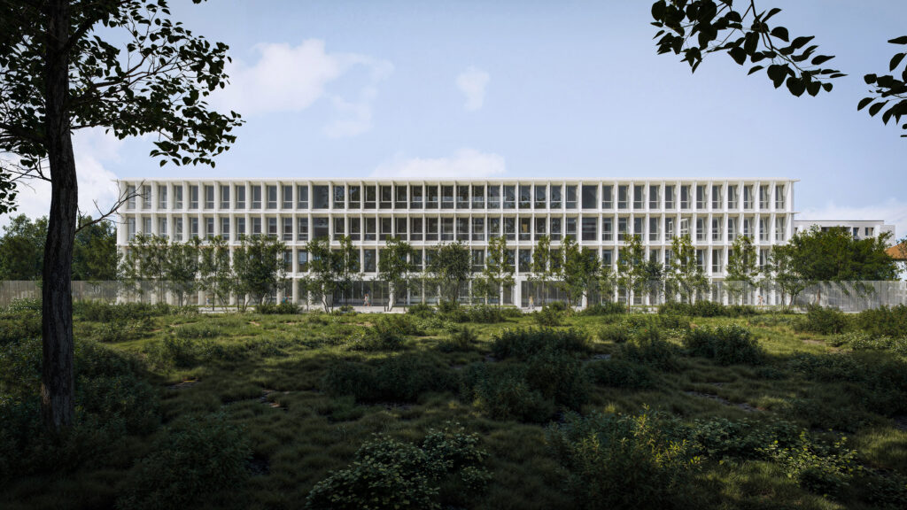 A wide exterior rendering of the four-storey rectangular school building in Sofia, showing the repetitive modular facade integrated into a green landscape with trees