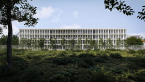 A wide exterior rendering of the four-storey rectangular school building in Sofia, showing the repetitive modular facade integrated into a green landscape with trees