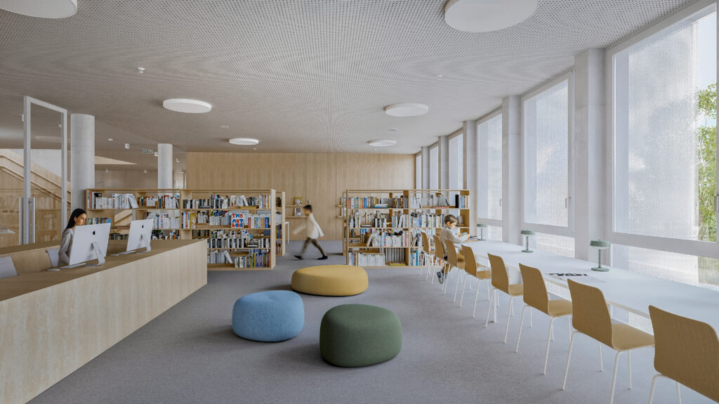 A minimalist library on the first floor with wooden bookshelves, long reading tables, and soft beanbag seating for students