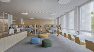A minimalist library on the first floor with wooden bookshelves, long reading tables, and soft beanbag seating for students