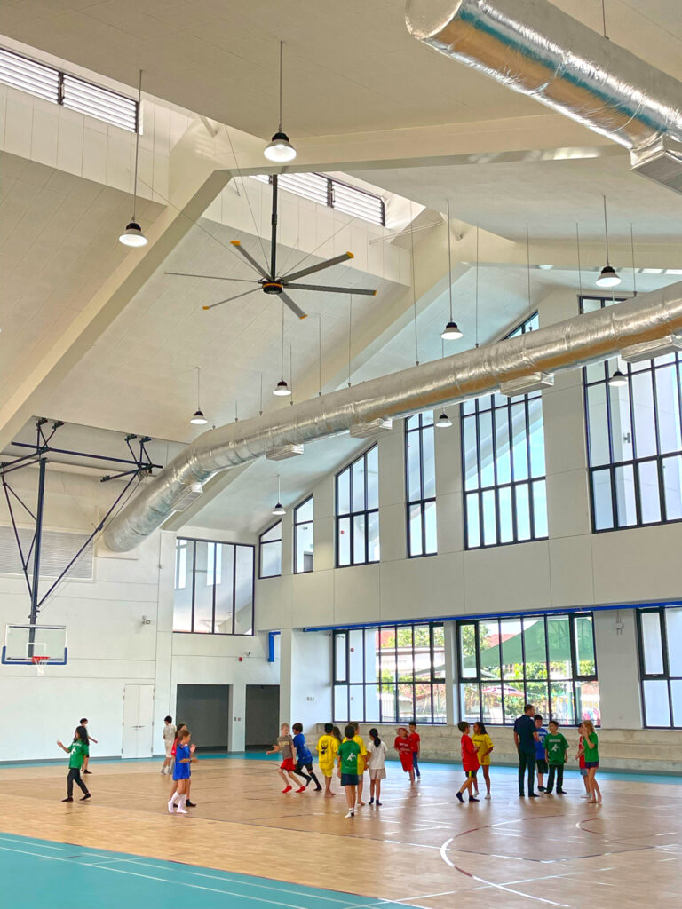 Students engaging in physical health activities within the thoughtfully designed indoor gymnasium, which features high ceilings, natural light, and a commitment to student wellbeing