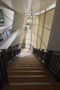 An internal staircase at the VIS Gateway Project utilizing passive design principles and layered screening to manage tropical climate challenges through natural ventilation and shading