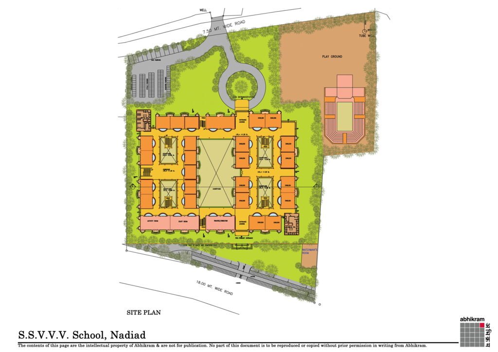 A hand-drawn architectural sketch and section showing the simplified design approach for the school’s low-cost extension units