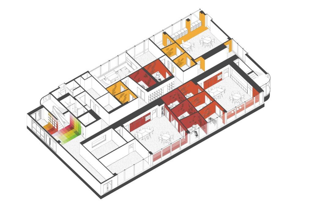 An axonometric drawing illustrating the spatial organization and color-coded zones of the music department renovation by studio vapore
