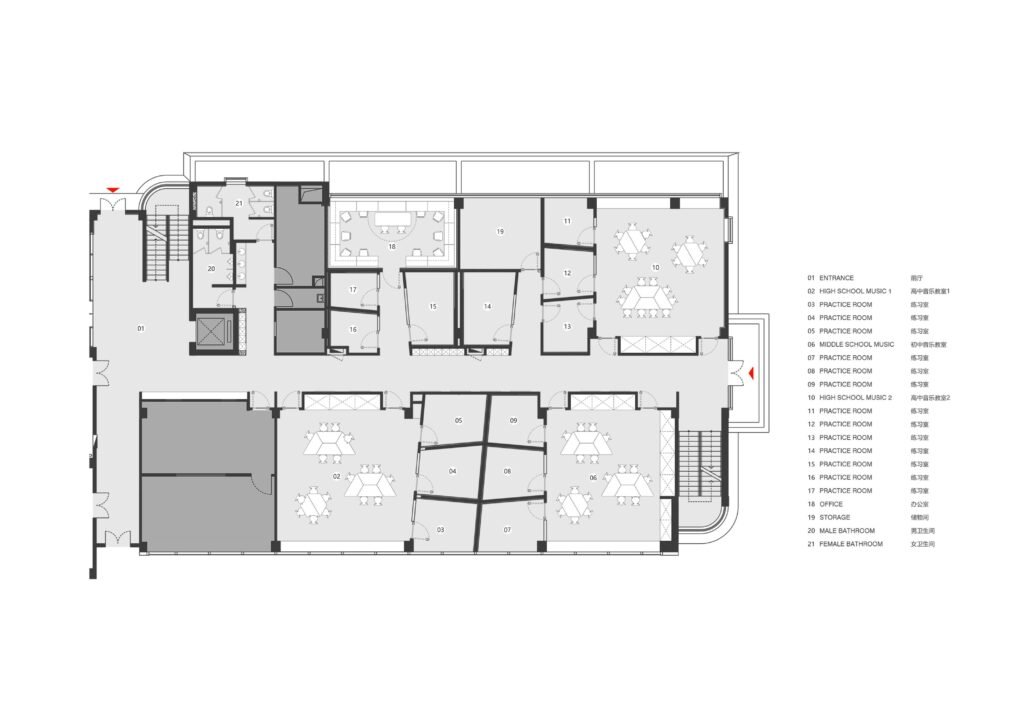 Technical floor plan of the department labeling classrooms, adjacent practice rooms, and the shared corridor at WAB.