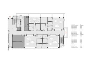 Technical floor plan of the department labeling classrooms, adjacent practice rooms, and the shared corridor at WAB.