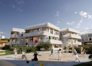 Exterior perspective rendering of an active school playground nestled between modern, multi-story buildings with white vertical slatted screen facades. Young children are running, climbing on frames, and riding a bicycle, while others carry a red balloon. Palm trees and green bushes decorate the landscaped area under a bright, sunny sky.