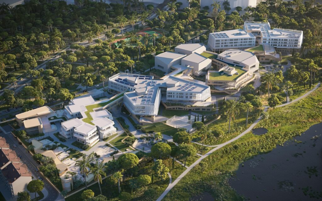 High-angle digital aerial rendering of the completed school campus. It reveals a series of interconnected, light-wood and white building blocks featuring intensive green roofs. The school borders a lush, green woodland and a natural wetland pond (ornithological park) with a system of walking trails.