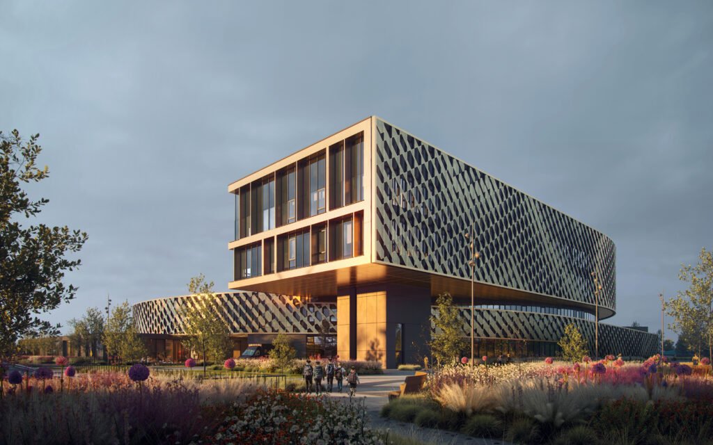 Eye-level exterior render of a prominent cantilevered block of the school building, showing gold metallic patterned panels on the facade and a warm wood finish on the underside. In the foreground, students walk along a path bordered by tall wild grasses and purple flowers under a soft sky.