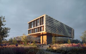 Eye-level exterior render of a prominent cantilevered block of the school building, showing gold metallic patterned panels on the facade and a warm wood finish on the underside. In the foreground, students walk along a path bordered by tall wild grasses and purple flowers under a soft sky.